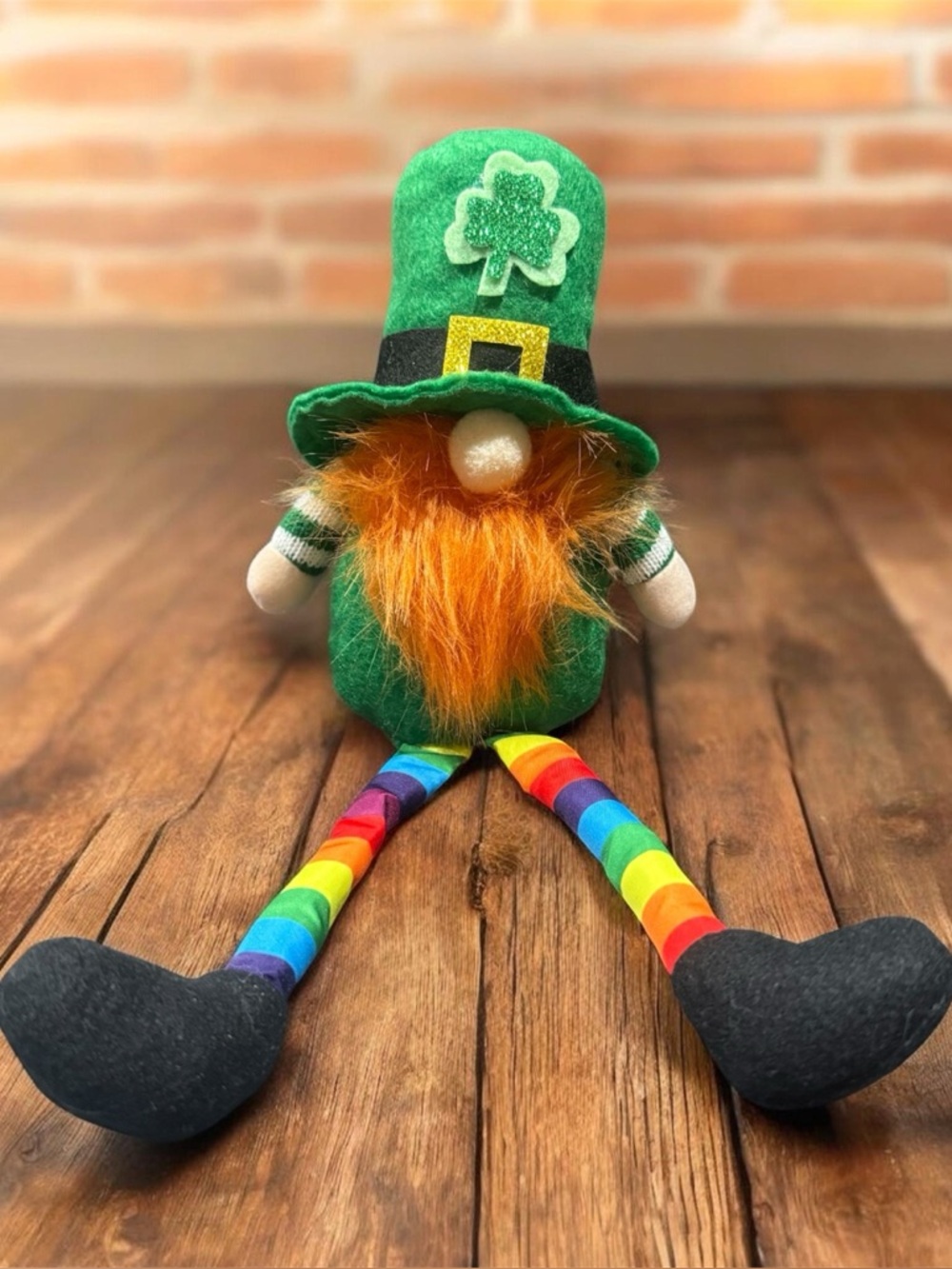 St. Patrick's Day Gnome Plush Decoration 13” Green Irish Leprechaun Rainbow Legs
